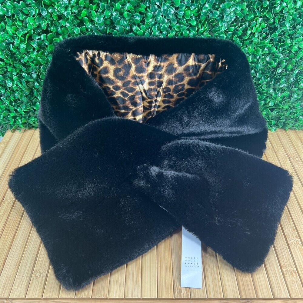 White House Black Market Black Faux Fur Scarf with Leopard Lining
